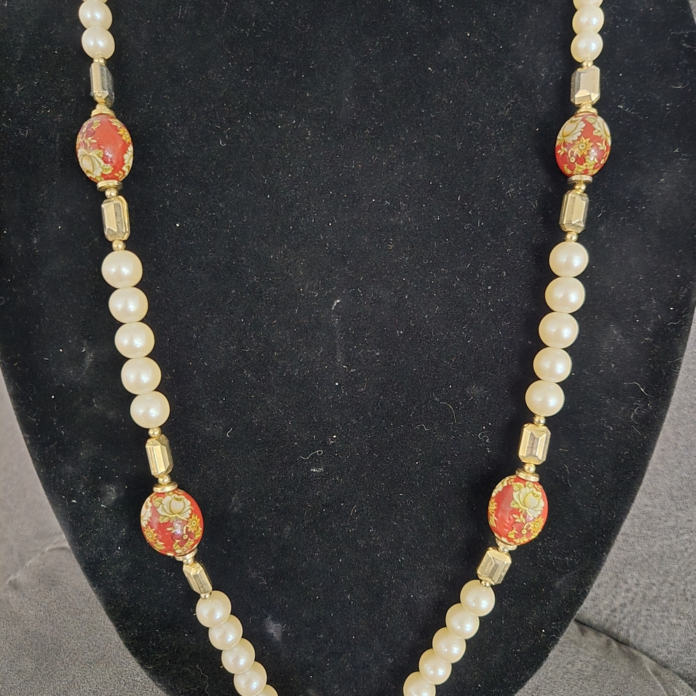 Pearl and Red Bead Necklace